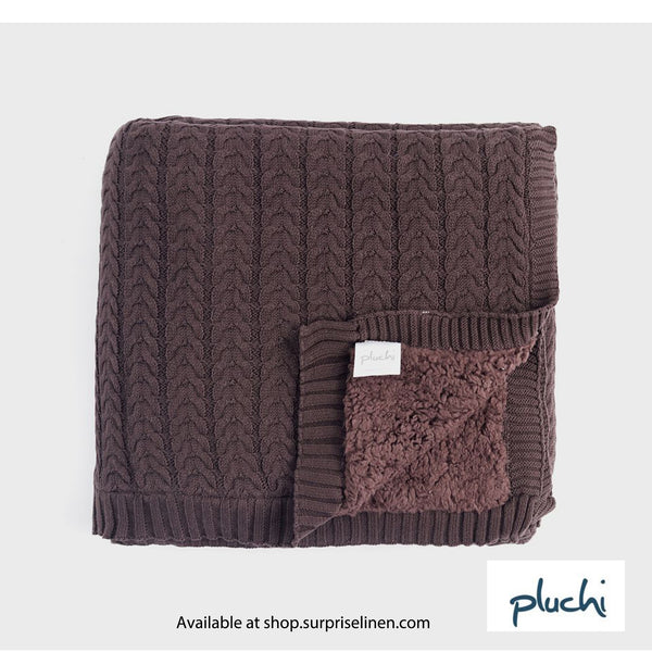 Pluchi - Mini Cable Knit Cotton Knitted Throw Blanket with Warm Sherpa Fabric Back (Brown)