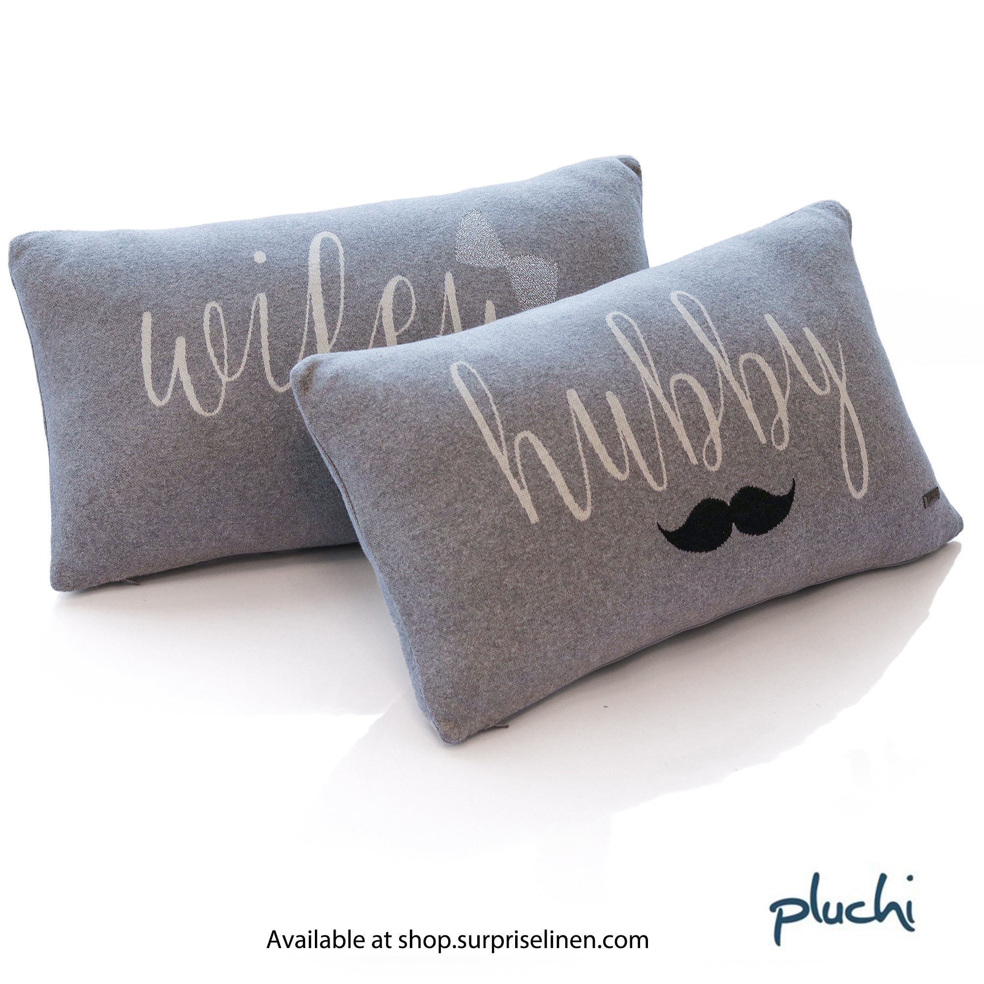 Pluchi - Hubby Wifey Cotton Knitted Cushion Cover Set Of 2 Pcs (Light Grey)