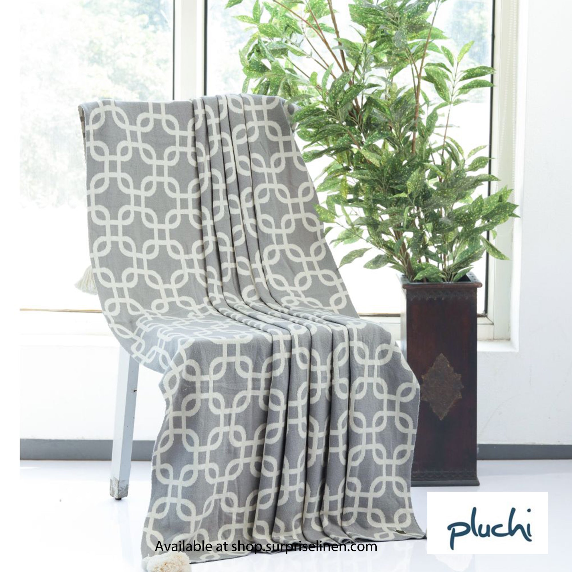 Pluchi - Gianna 100% Cotton Knitted All Season AC Throw Blanket (Light Grey & Natural)