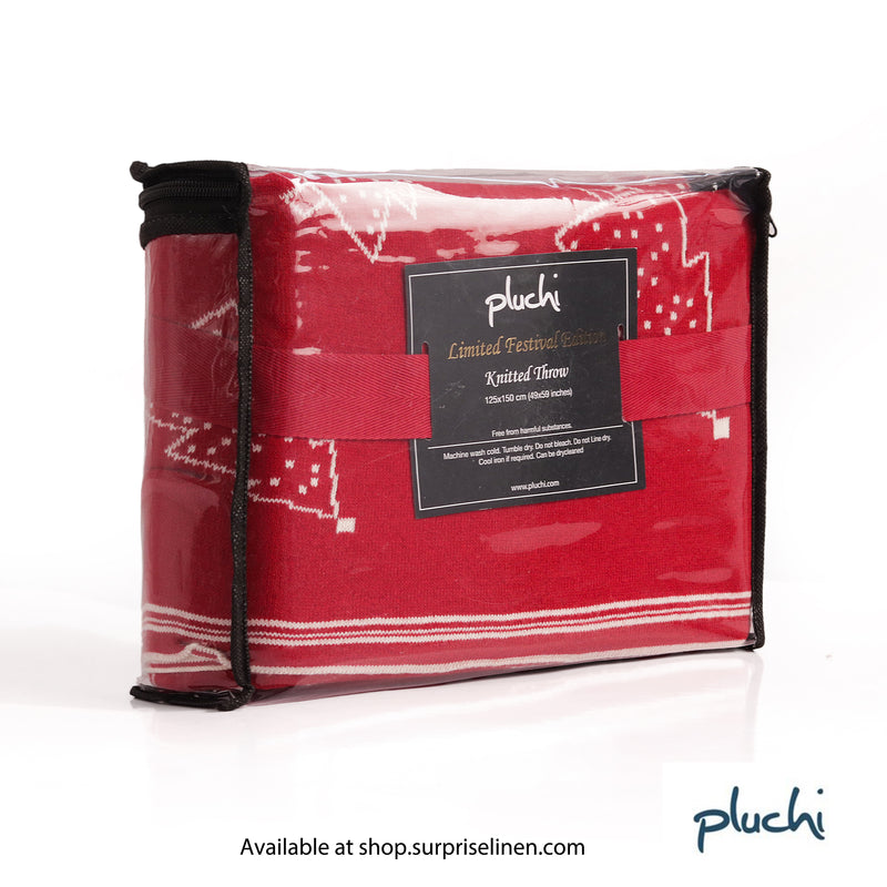 Pluchi - X-mas Tree 100% Cotton Knitted All Season AC Throw Blanket (Red)