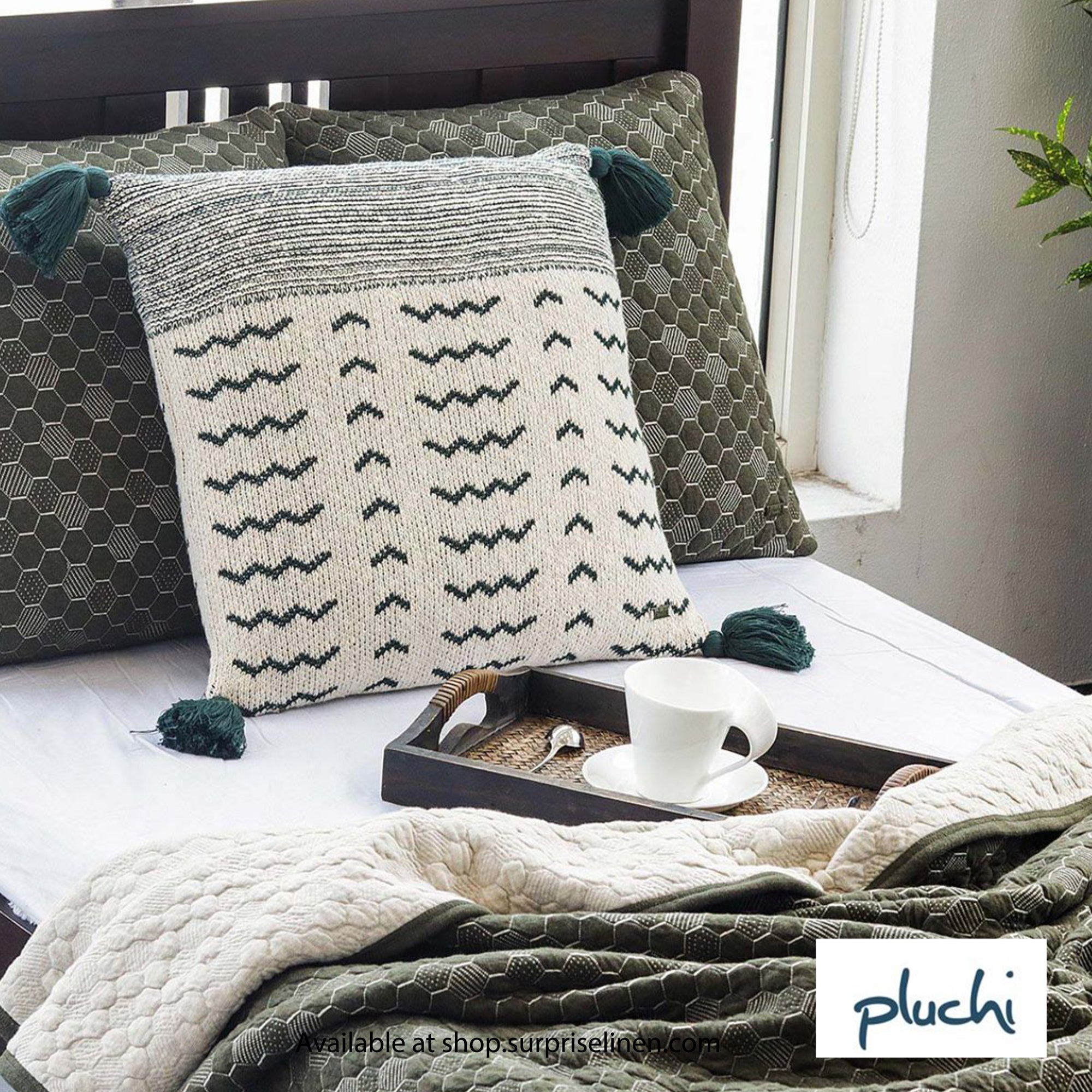 Pluchi - Pepin Cotton Knitted Single Quilted Blanket (Forest Green & Beige)