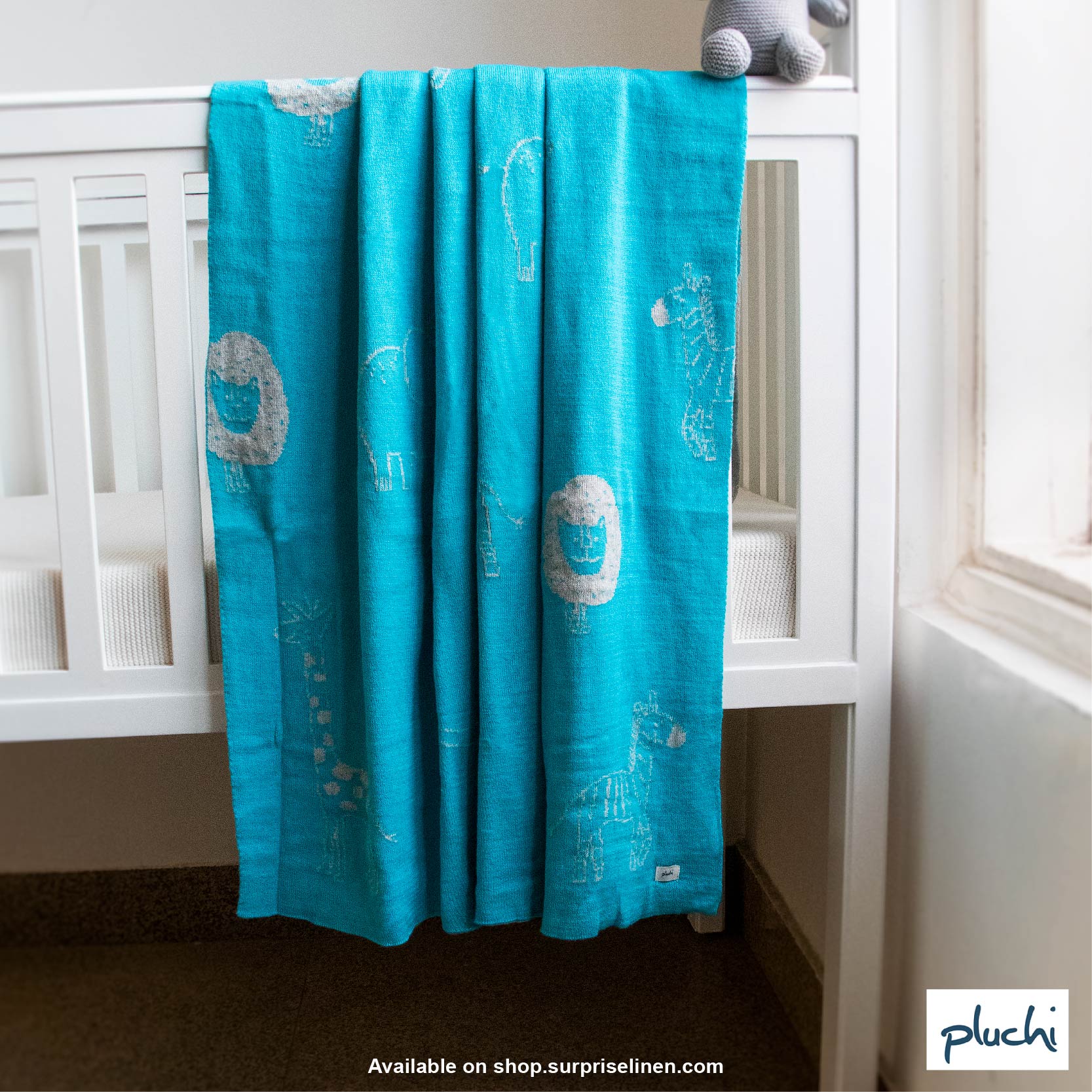 Pluchi - Jungle Safari All Season Cotton Knitted Throw / AC Blanket (Aqua)