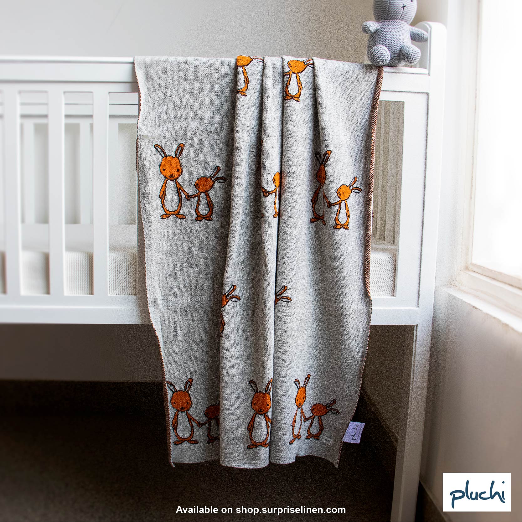 Pluchi - Mumma and Baby Bunny All Season Cotton Knitted AC Blanket for Baby (Light Grey)