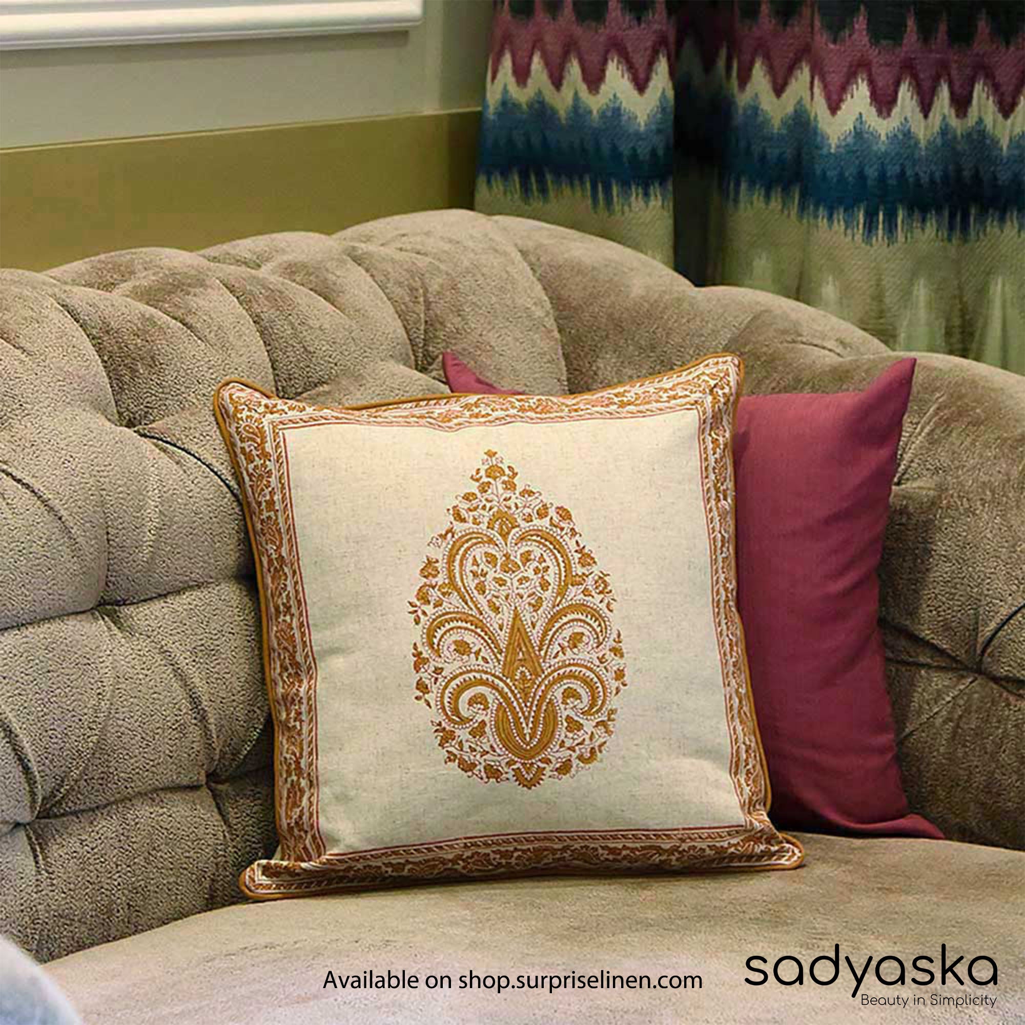 Sadyaska - Hand Block Printed Cushion Cover (Cream & Mustard)