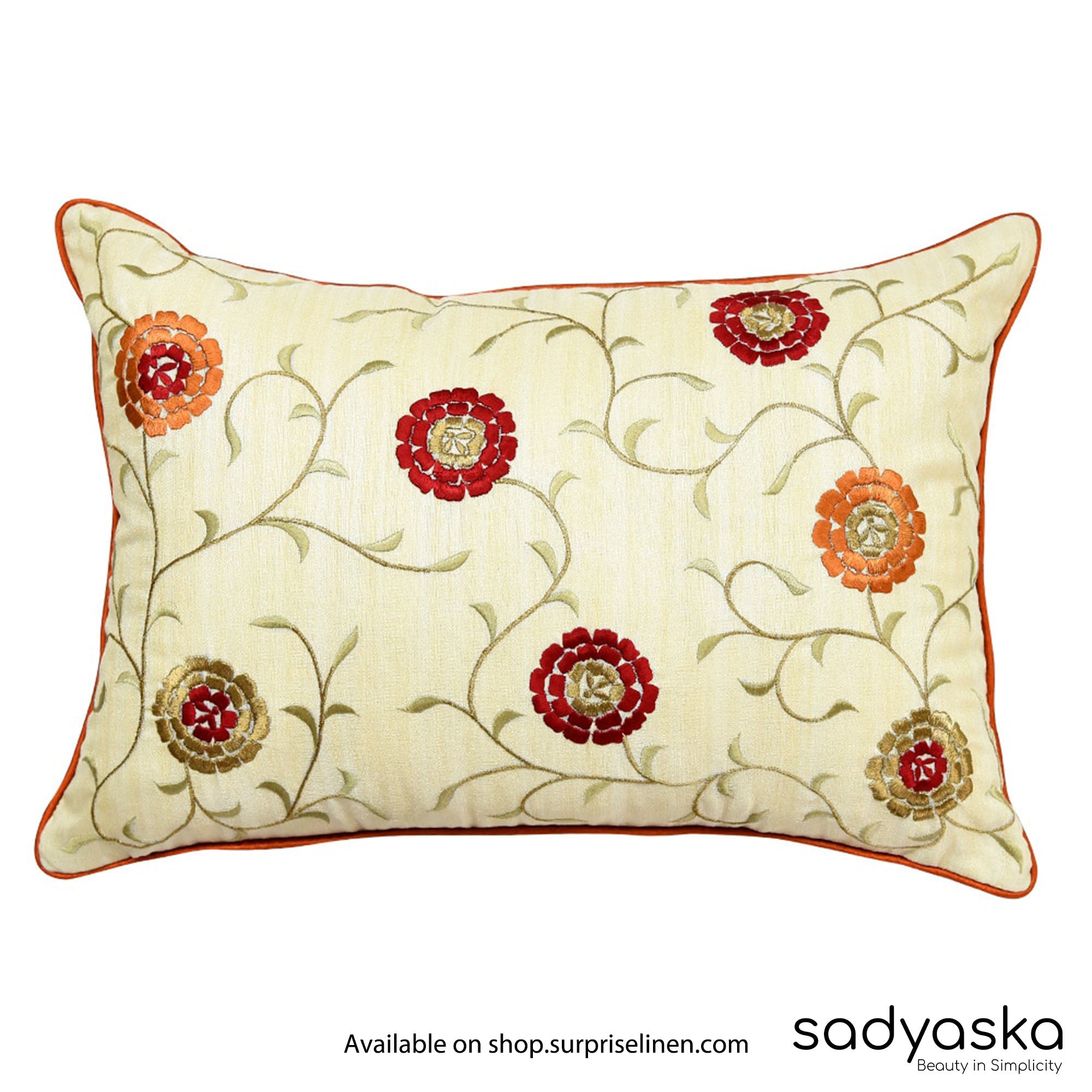 Sadyaska - Designer Silk Dupion Floral Embroidered Pillow Cover (Cream)