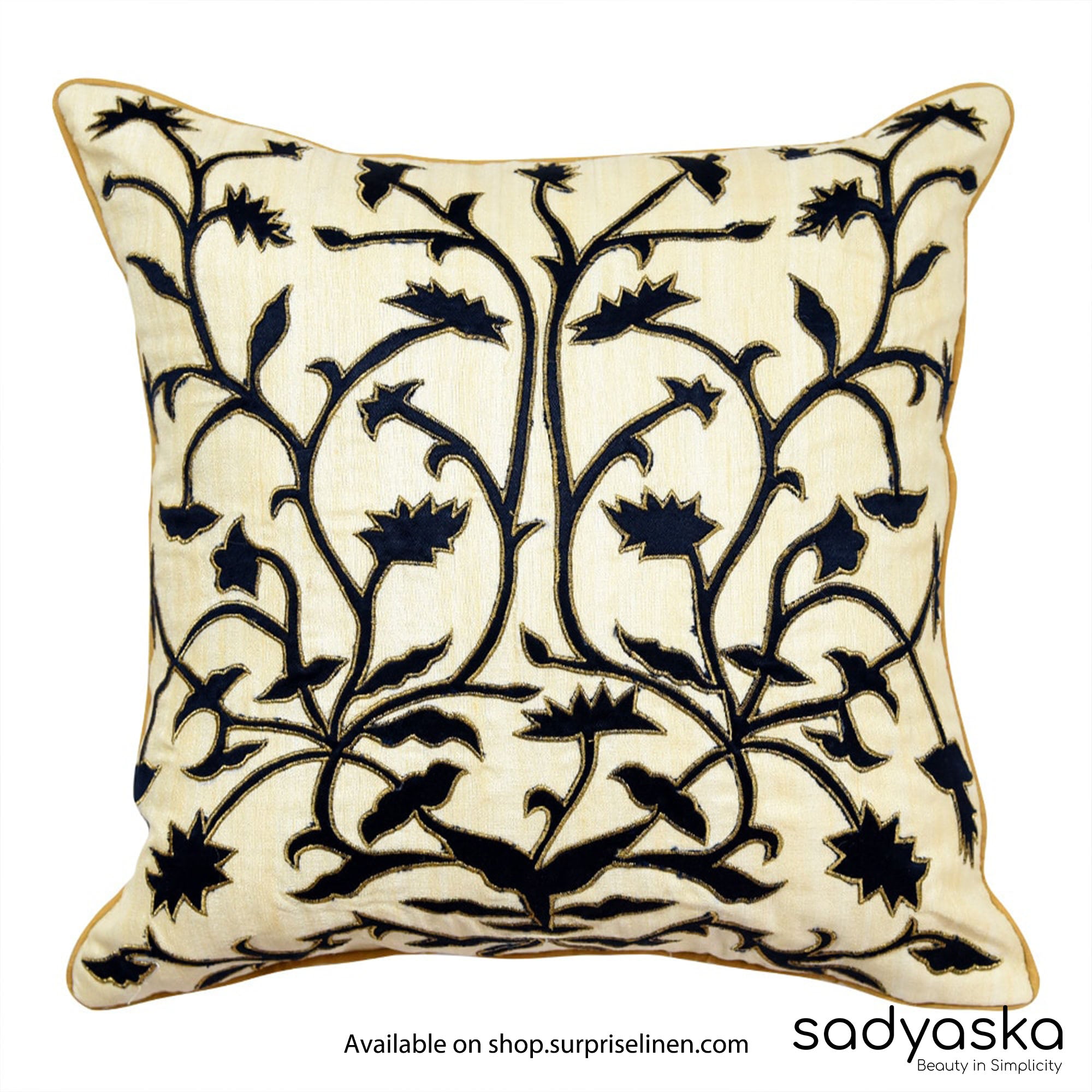 Sadyaska - Floral Decorative Silk Dupion Embroidered Cushion Cover (Cream & Black)