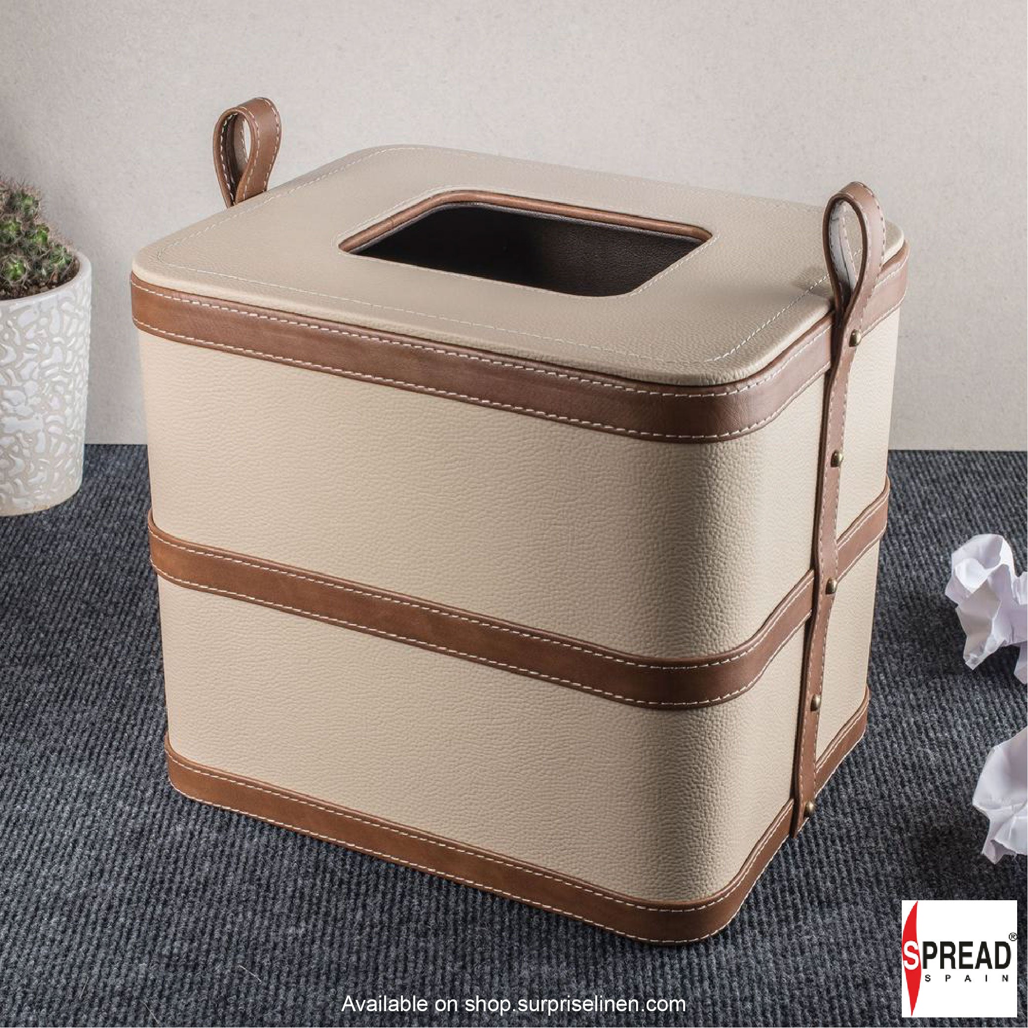 Spread Spain - Leather Strap Dustbin 12 Litre (Beige)