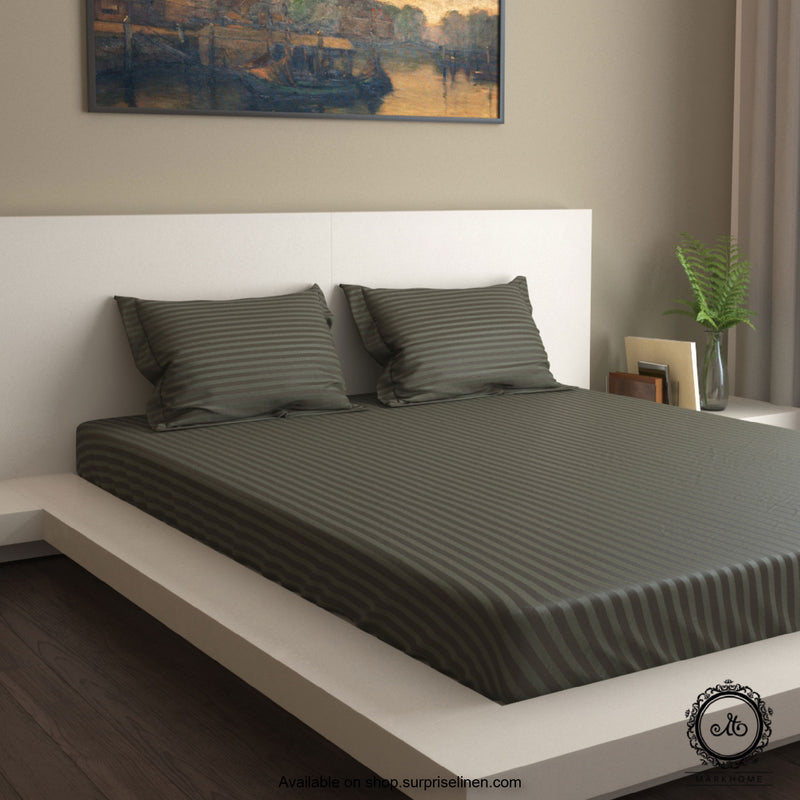 Mark Home - 100% Fine Cotton Satin 400 TC Premium Stripes King Size Bedsheet Set (Grey)