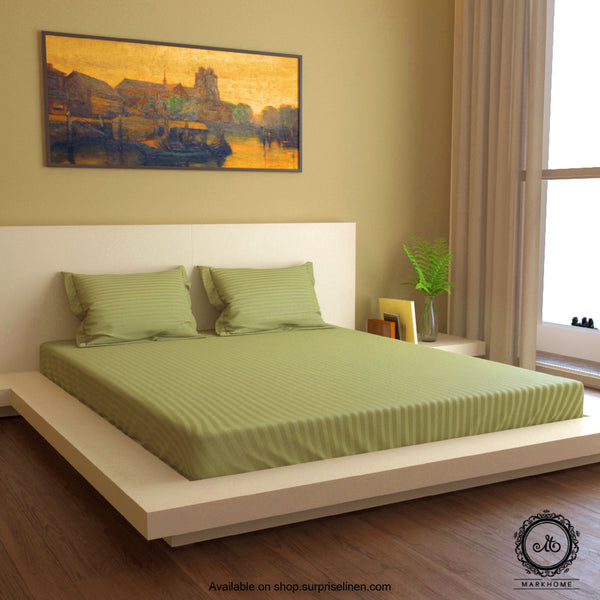 Mark Home - 100% Fine Cotton Satin 400 TC Premium Stripes Queen Size Bedsheet Set (Military Green)