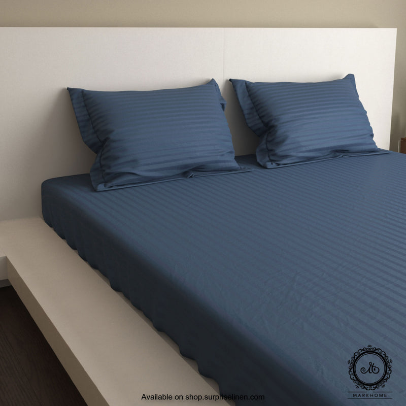 Mark Home - 100% Fine Cotton Satin 400 TC Premium Stripes King Size Bedsheet Set (Navy)