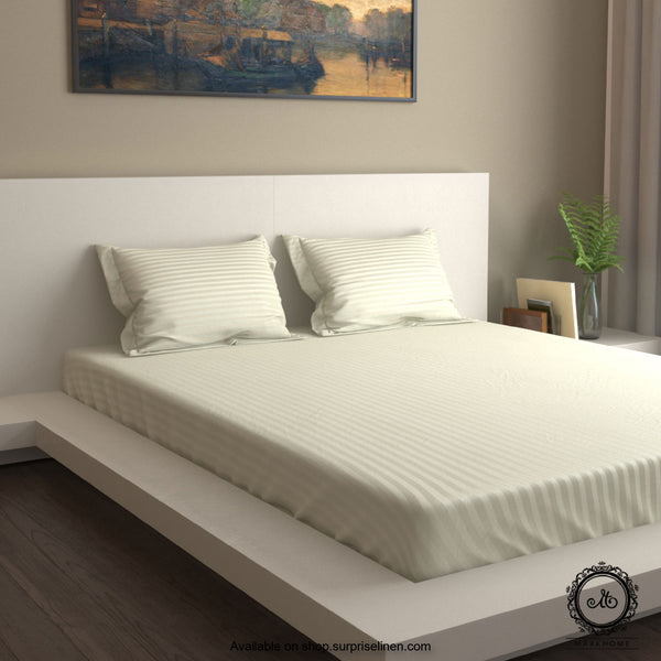 Mark Home - 100% Fine Cotton Satin 400 TC Premium Stripes Queen Size Bedsheet Set (White)