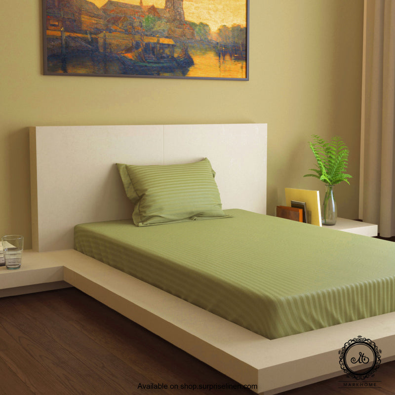 Mark Home - 100% Fine Cotton Satin 400 TC Premium Stripes Single Bedsheet Set (Military Green)