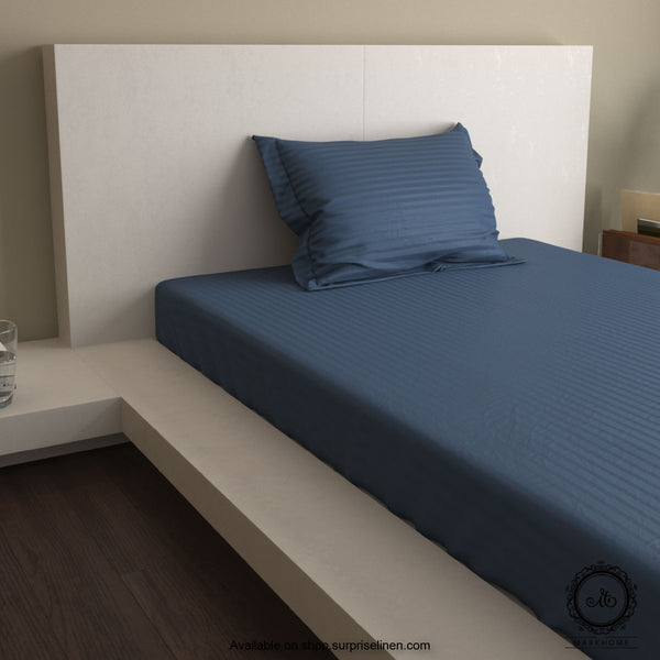 Mark Home - 100% Fine Cotton Satin 400 TC Premium Stripes Single Bedsheet Set (Navy)