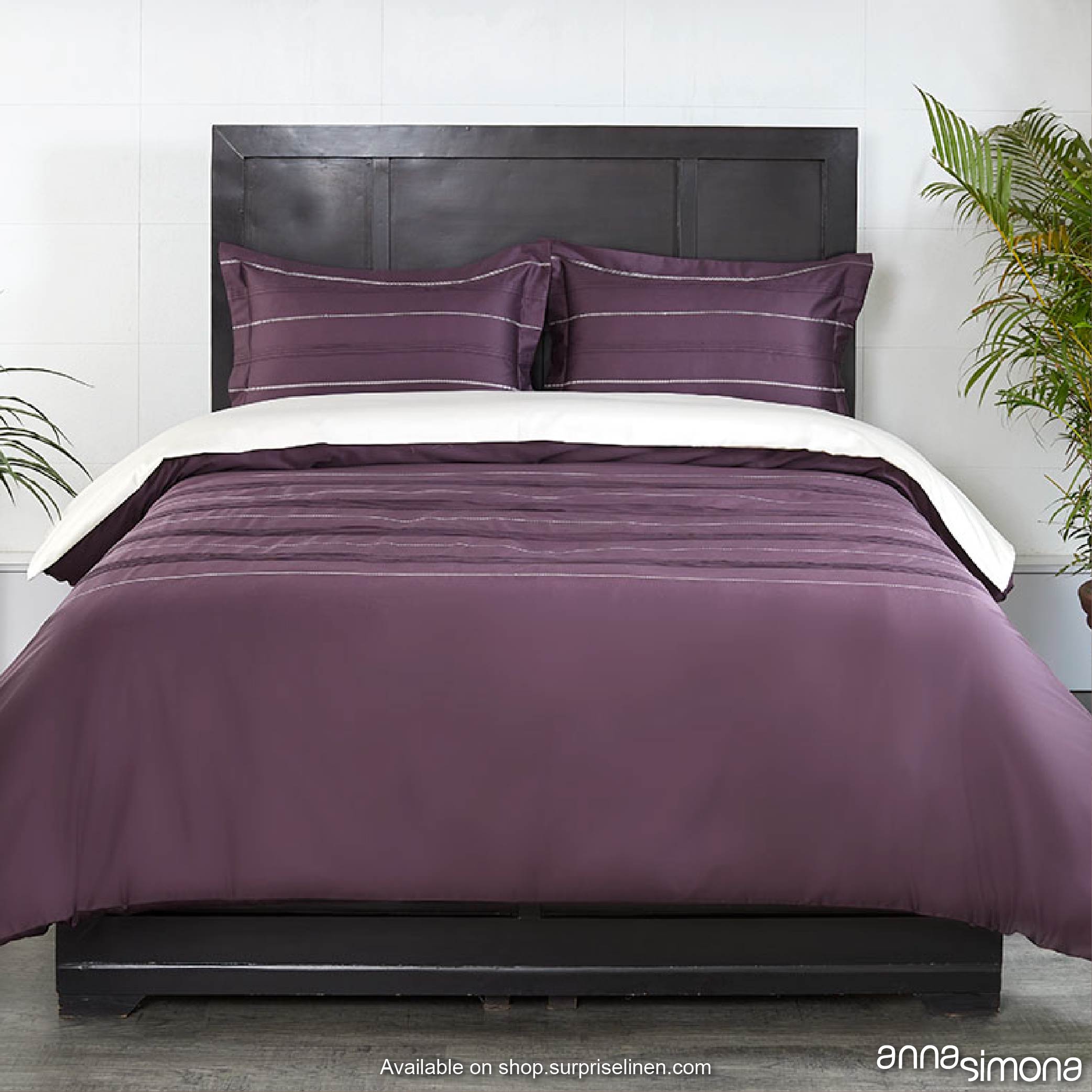 Anna Simona - Brooklyn 4 Pcs Fine Cotton Satin Duvet Ensemble Set (Wine / Sesame)