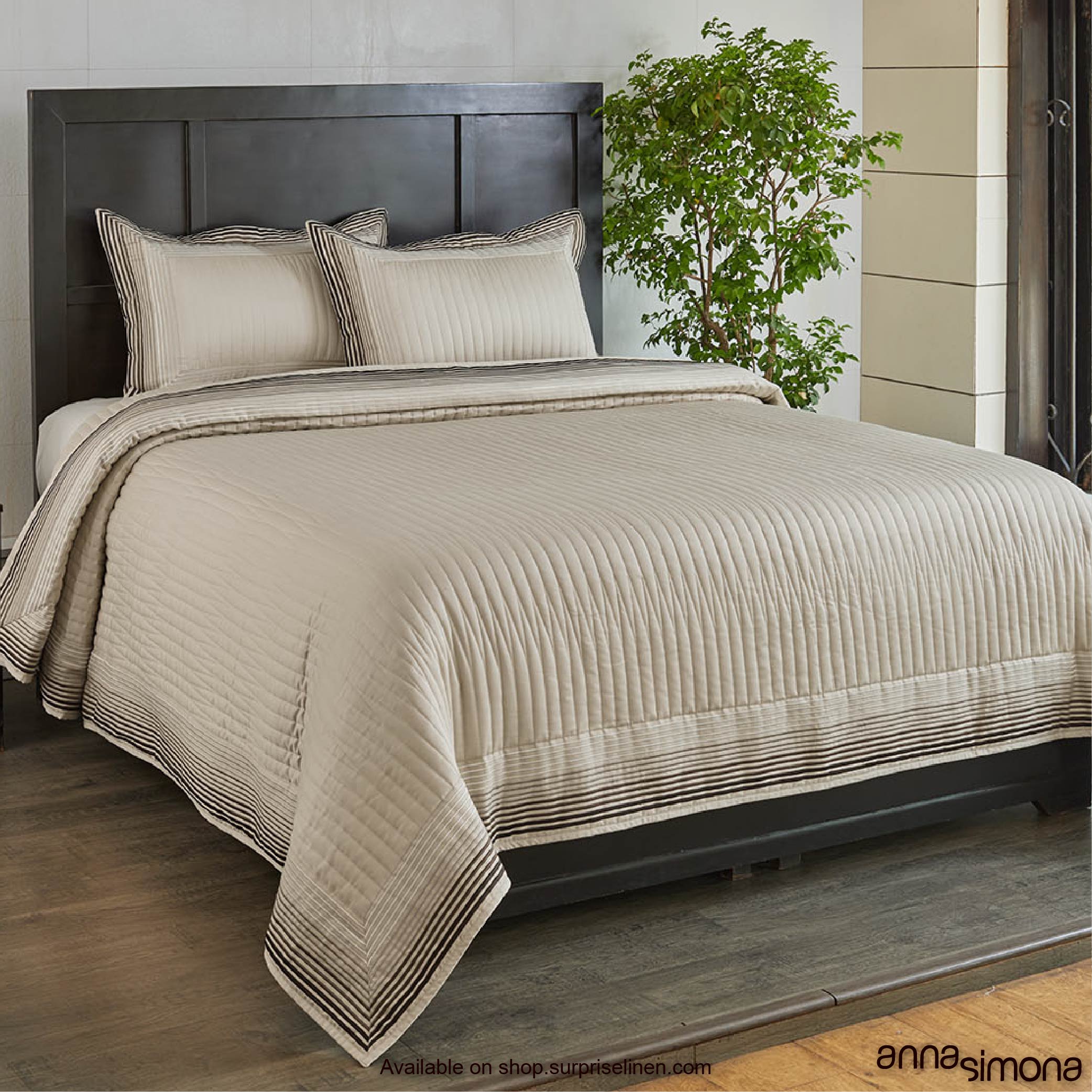 Anna Simona - Cornell 3 Pcs 400 TC Fine Cotton Satin Bed Cover Set (Buff)